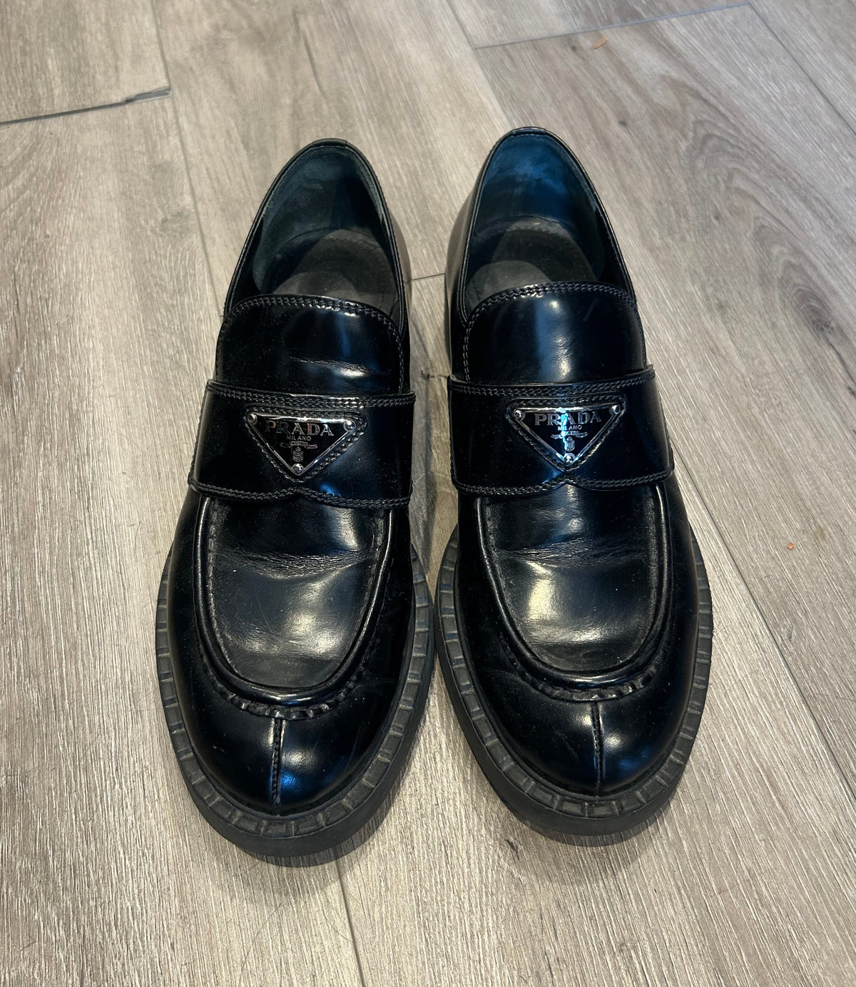 PRADA Black Leather Plaque Logo Loafers - Size 38.5