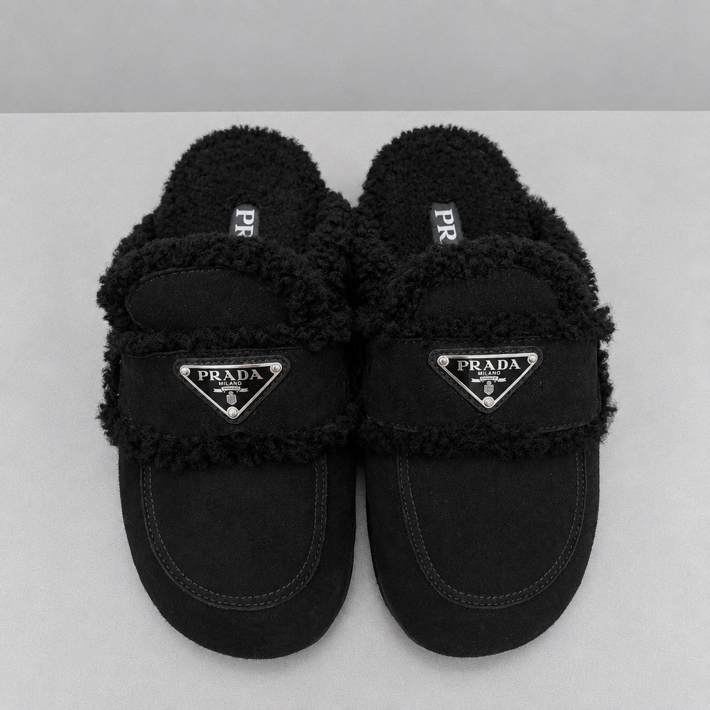 PRADA Black Suede & Shearling Loafer Slide - Size 37
