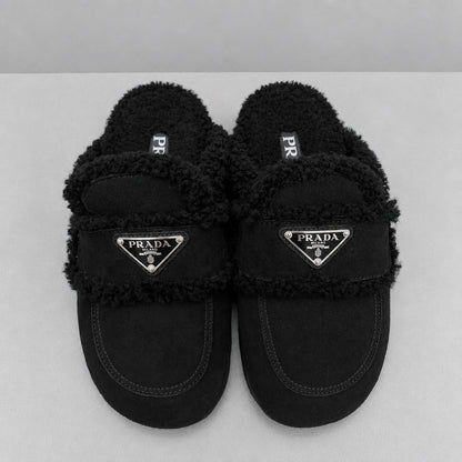 PRADA Black Suede & Shearling Loafer Slide - Size 37
