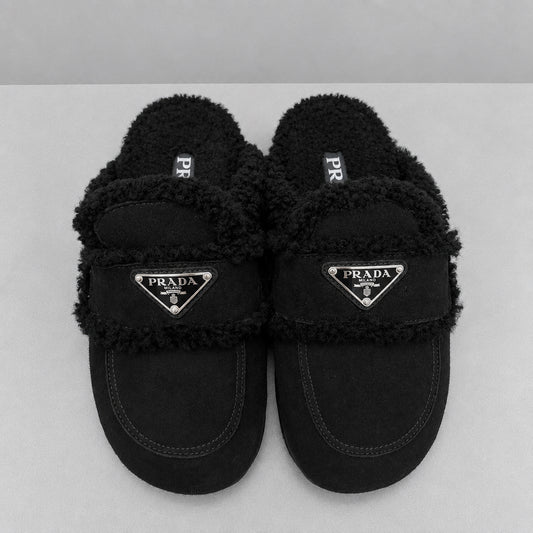 PRADA Black Suede & Shearling Loafer Slide - Size 37