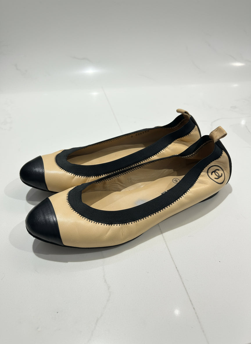 CHANEL Stretch Calfskin Cap Toe Flats - Size 8