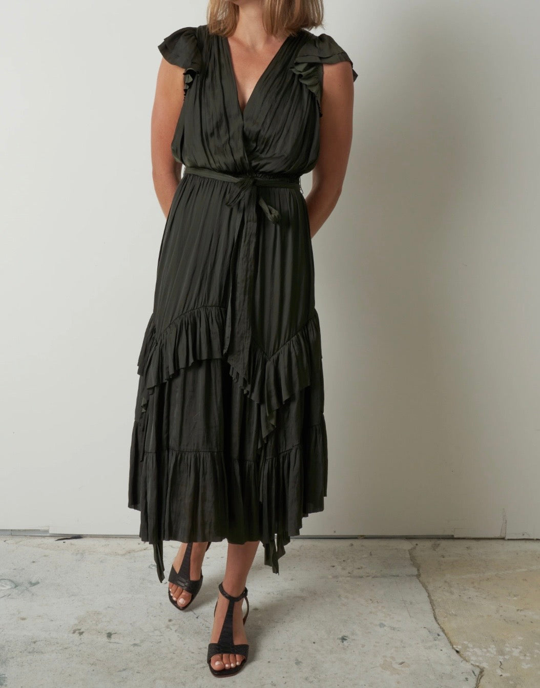 ULLA JOHNSON Green Satin Maxi Dress - Size 4