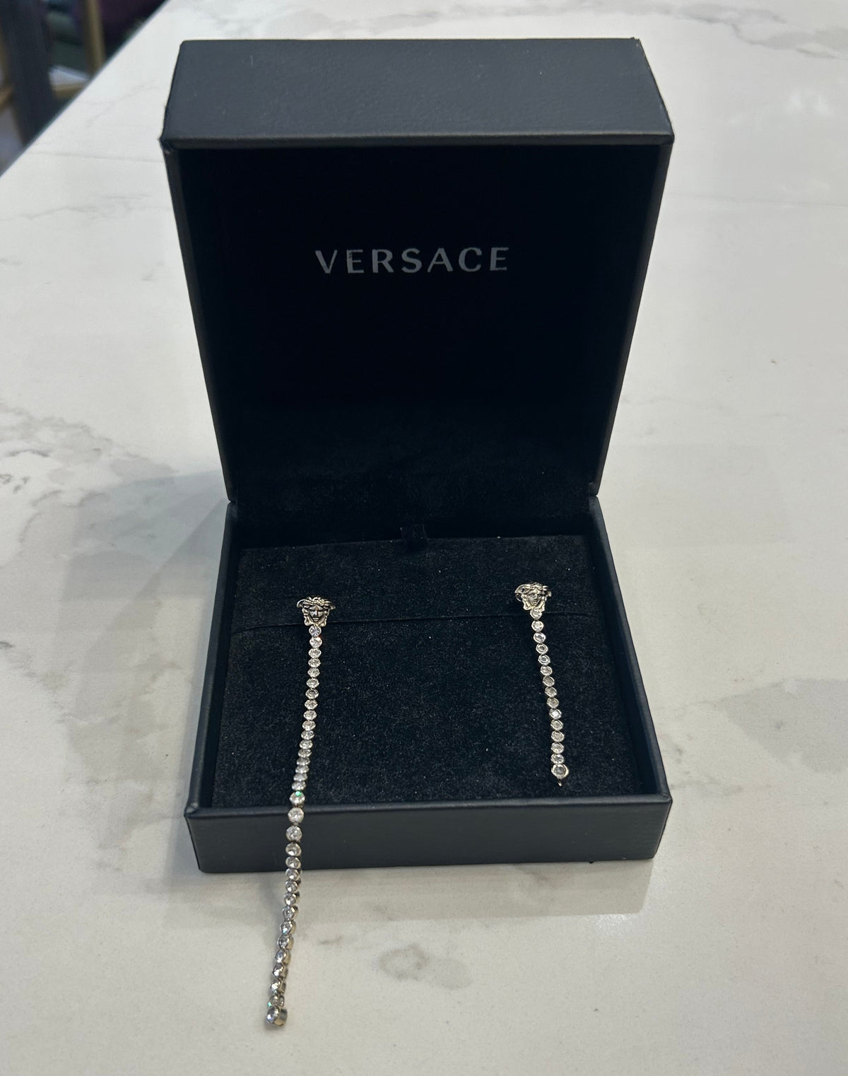 VERSACE Gold Asymmetrical Medusa Crystal Drop Stud Earrings