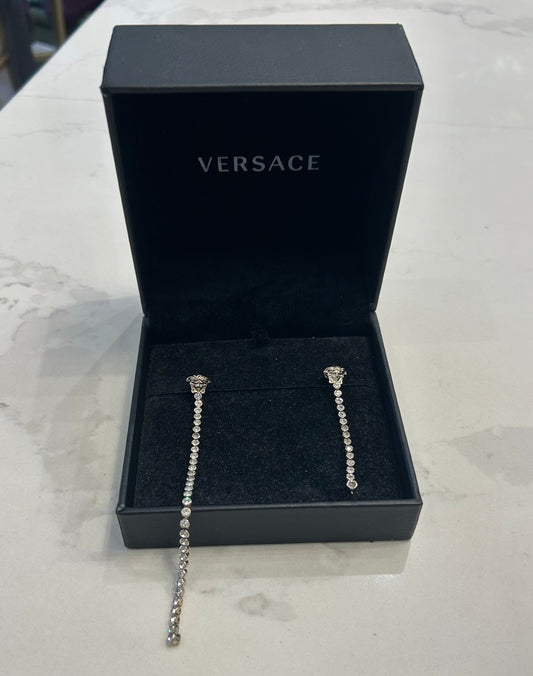 VERSACE Gold Asymmetrical Medusa Crystal Drop Stud Earrings