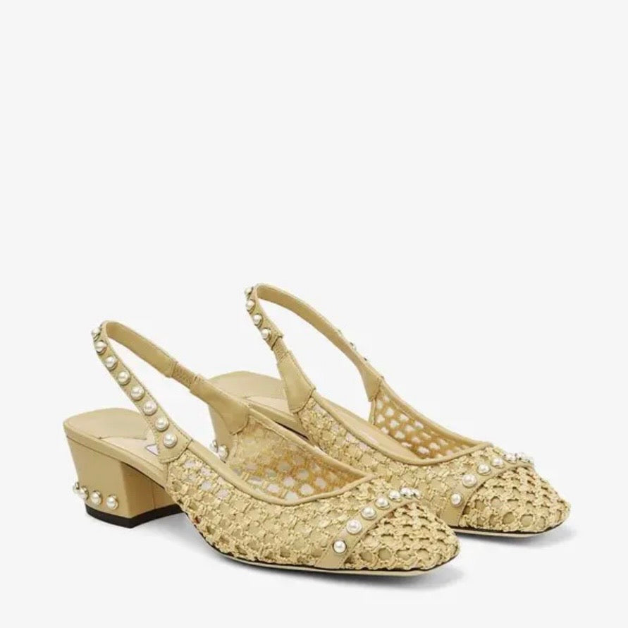 JIMMY CHOO Woven Hya 45 Raffia Slingback - Size 38