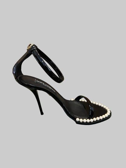 DOLCE & GABBANA Black Keira Pearl Accent Ankle Strap Heel - Size 40