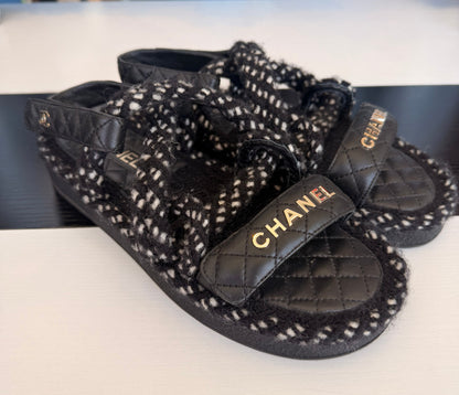 CHANEL Cord Lambskin Quilted Logo Sandals - Size 40