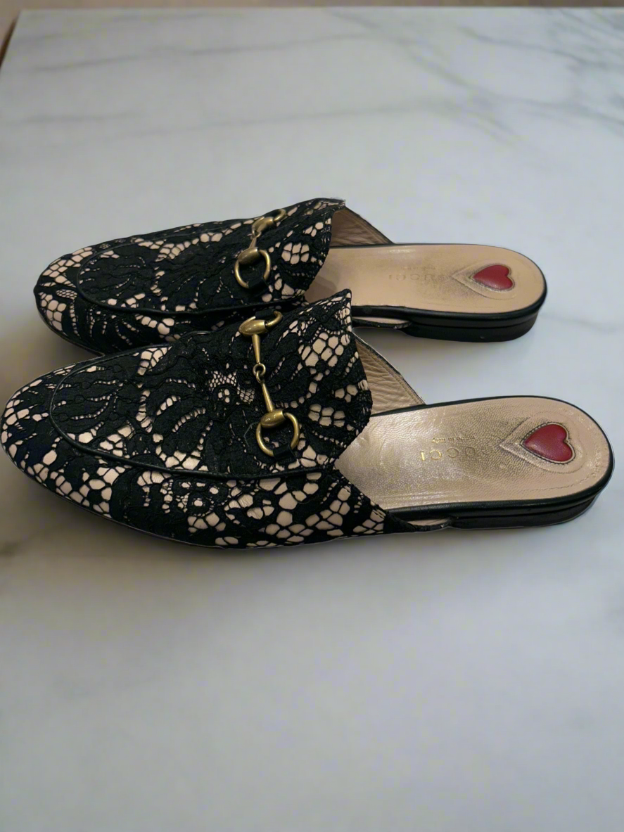 GUCCI Lace Horsbit Slides - Size 39