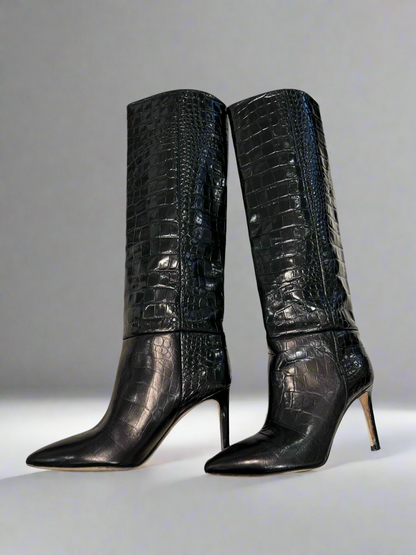 PARIS TEXAS Black Croc Leather Knee High Boots - Size 37.5