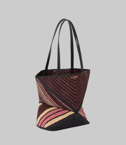 LOEWE Raffia Pink Stripe Puzzle Fold Tote