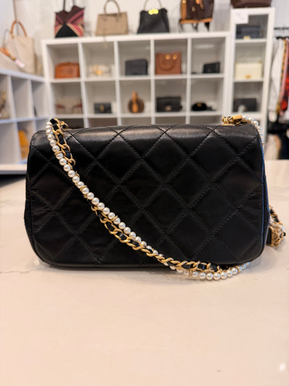 CHANEL 2020 Mini Crystals Pearl Chain Quilted Lambskin Flap Bag
