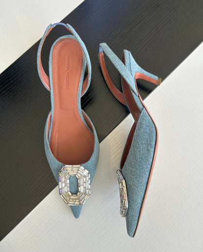 AMINA MUADDI Denim Crystal Slingbacks - Size 36