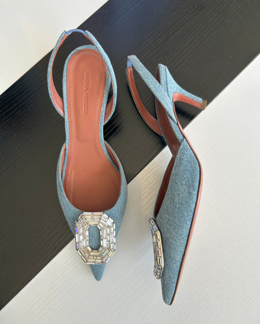 AMINA MUADDI Denim Crystal Slingbacks - Size 36
