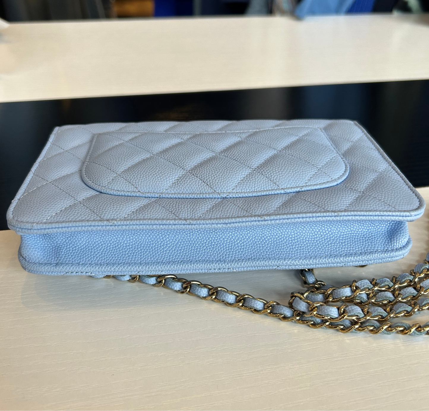 CHANEL Light Blue Caviar Leather Wallet On Chain