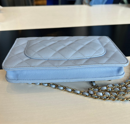 CHANEL Light Blue Caviar Leather Wallet On Chain