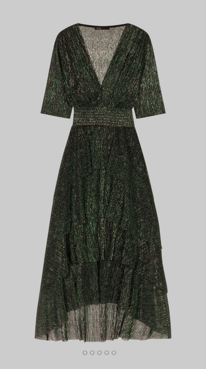 MAJE Green Strech Lurex Fabric Dress With Ruffles - Size xs