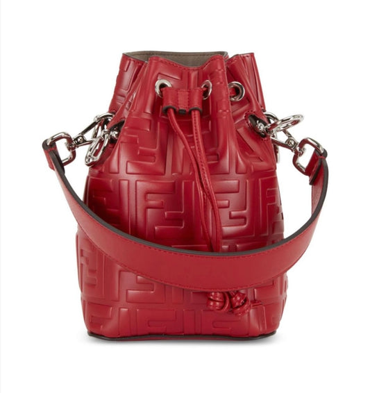 FENDI Mon Tresor Red Logo Embossed Mini Bucket Bag