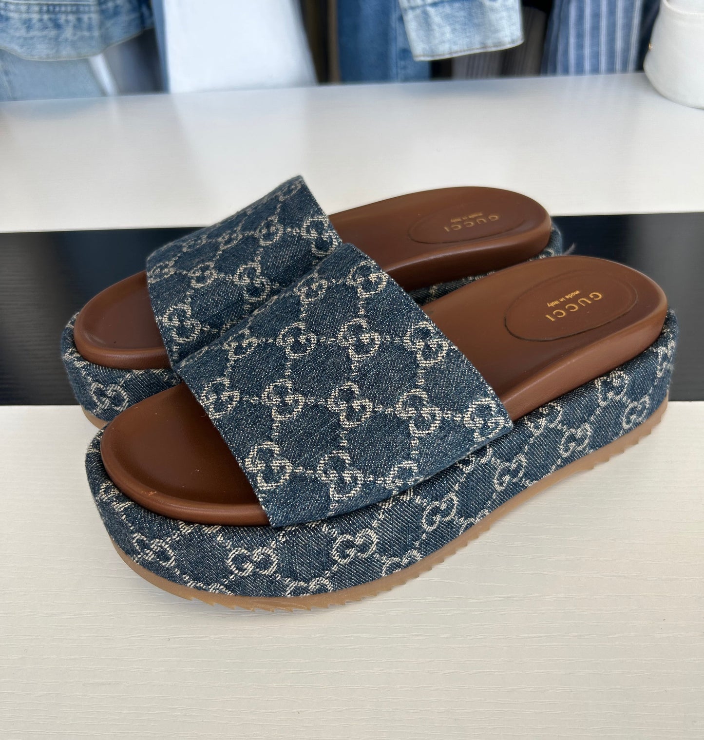 GUCCI Blue Denim Platform Slides - Size 38