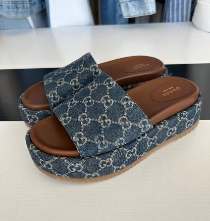 GUCCI Blue Denim Platform Slides - Size 38
