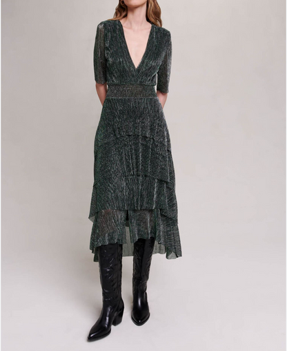 MAJE Green Strech Lurex Fabric Dress With Ruffles - Size xs