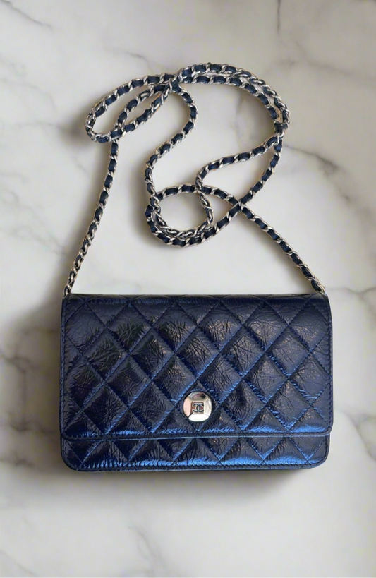 Chanel Navy Blue Wallet On Chain Patent Leather Shoulder Bag