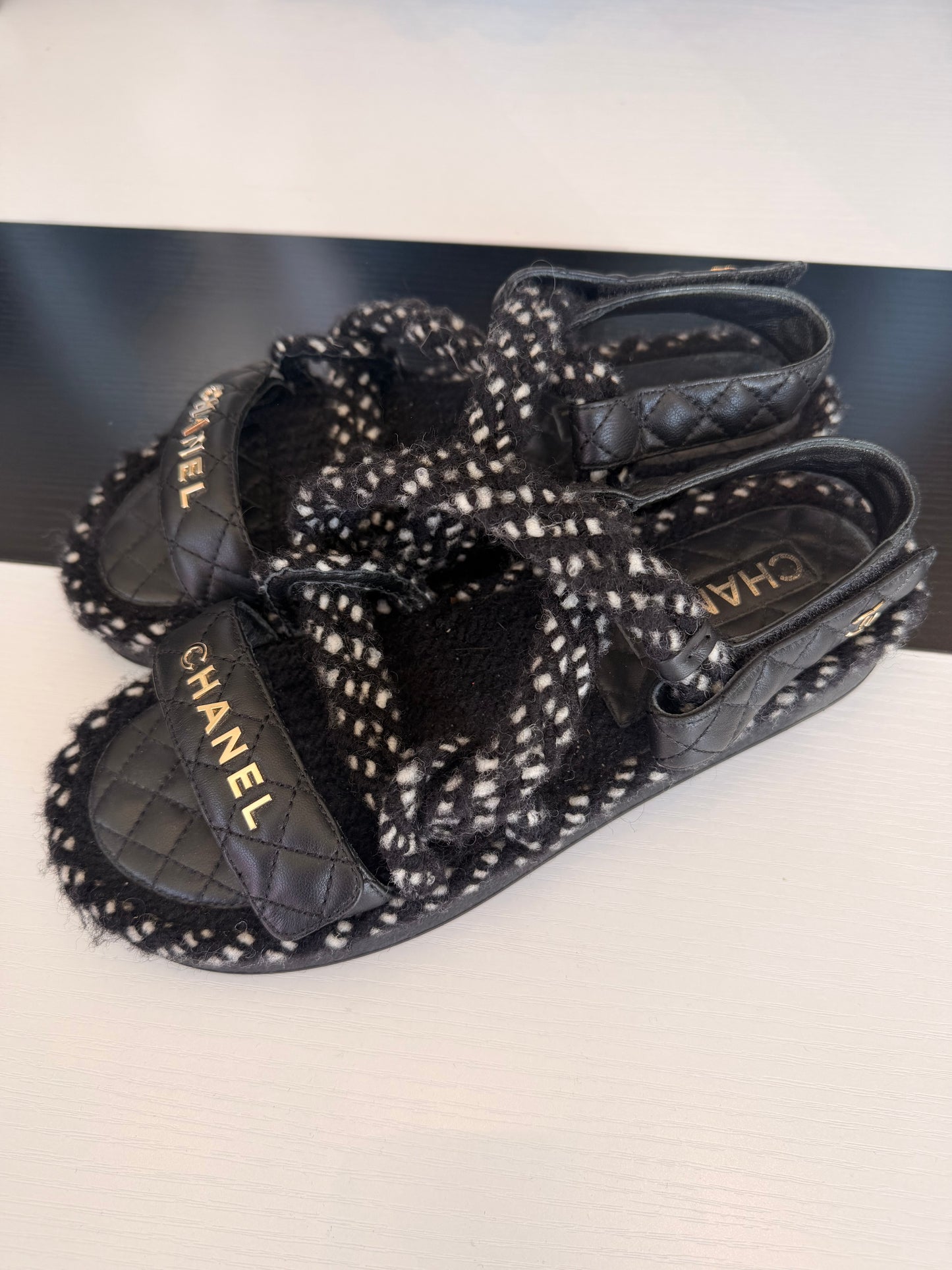 CHANEL Cord Lambskin Quilted Logo Sandals - Size 40