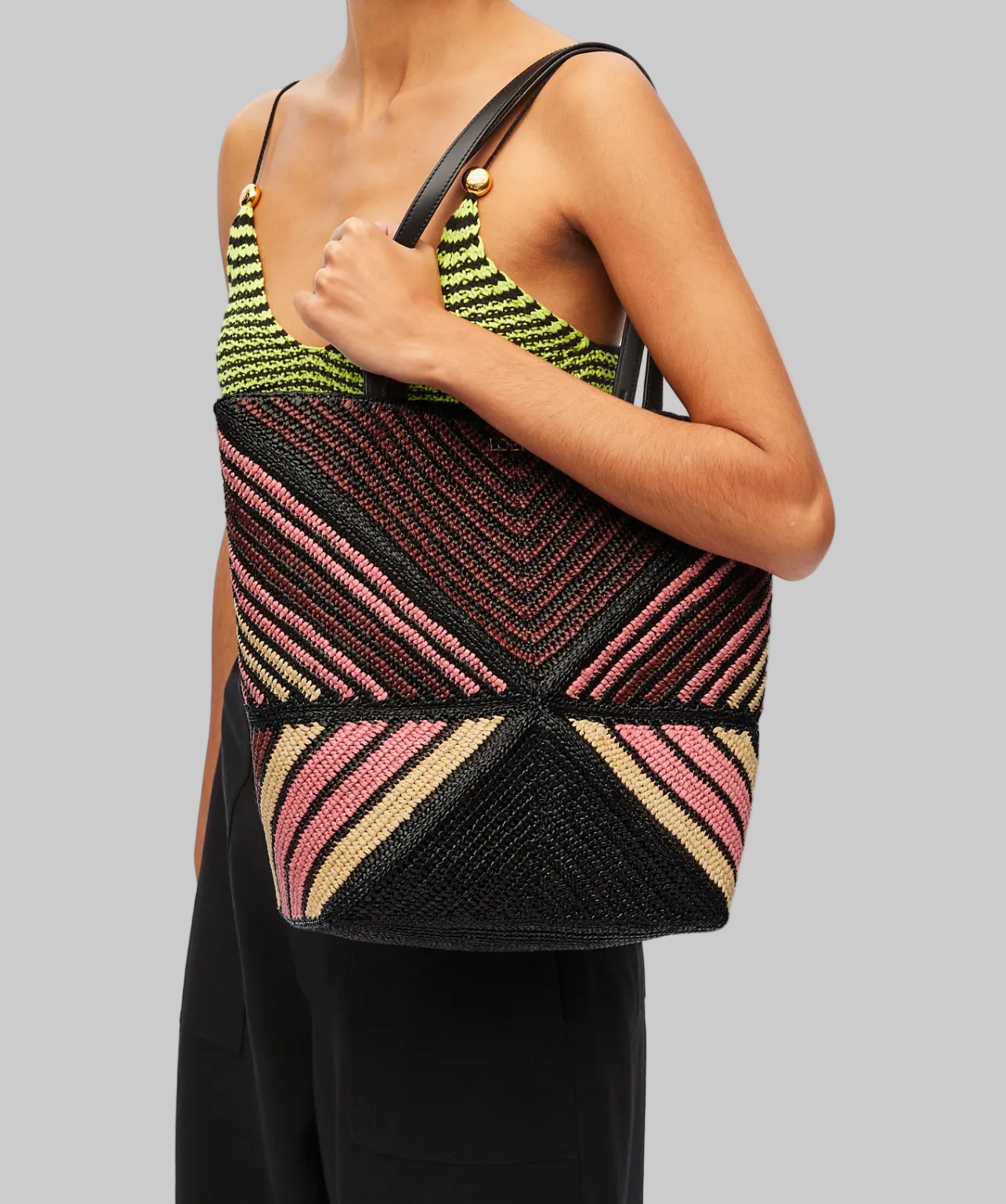LOEWE Raffia Pink Stripe Puzzle Fold Tote