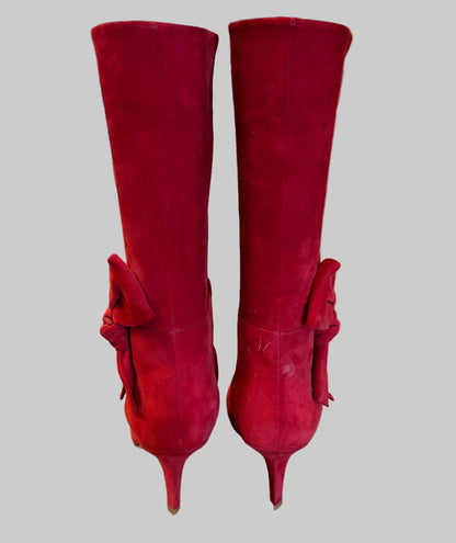 VALENTINO Red Suede Kitten Heel Boots - Size 38.5