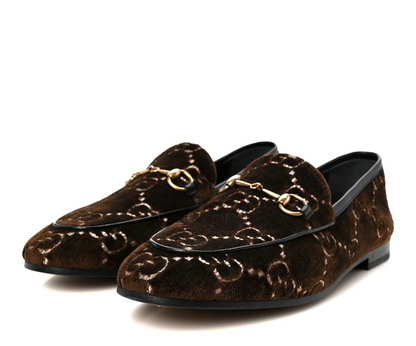GUCCI Velvet GG Monogram Horsebit Jordaan Loafers - Size 37