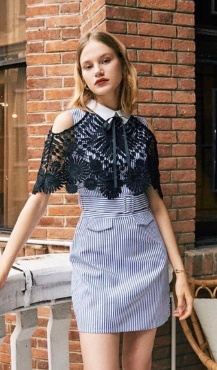 SELF-PORTRAIT Striped Dress With Lace Cape - Size 2