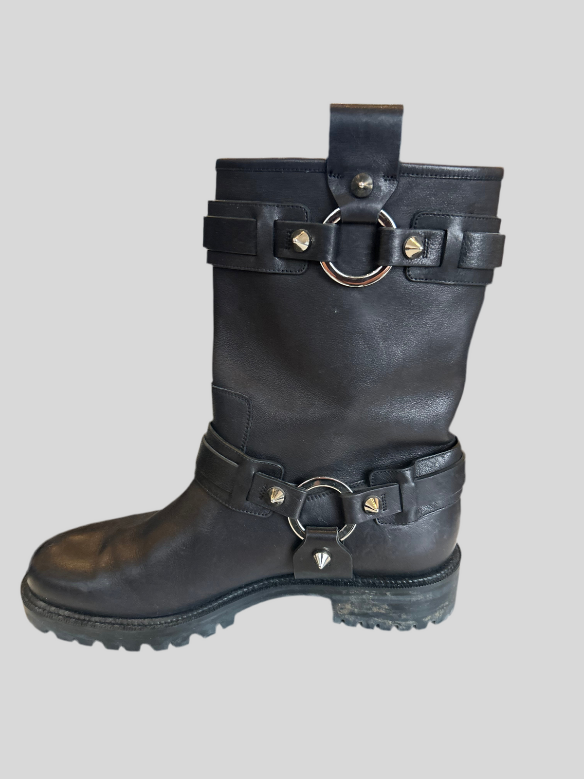 CHRISTIAN LOUBOUTIN Black Studded Moto Boots - Size 38