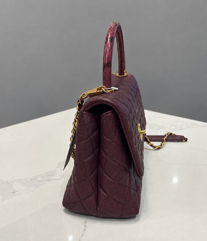 CHANEL Burgundy Caviar Small Python coco Handle Flap Bag