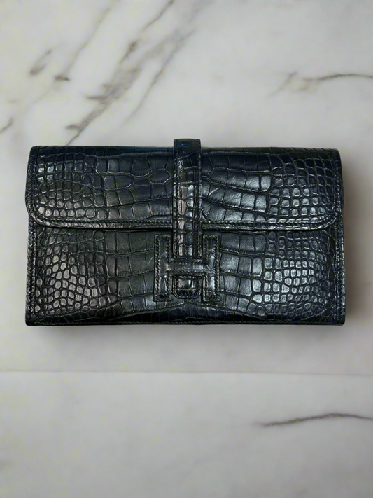 HERMÈS Matte Black Alligator Jige Duo Clutch