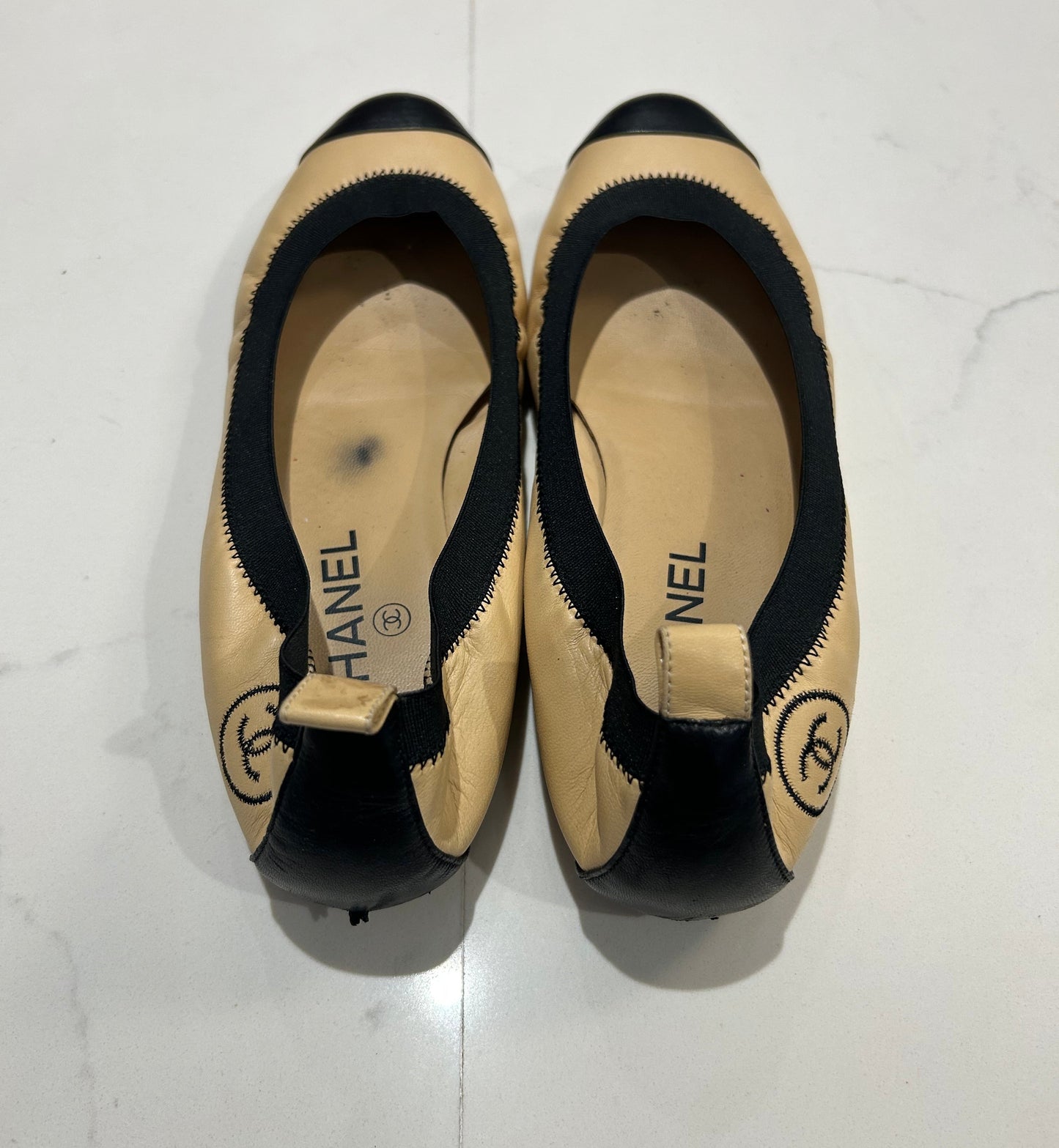 CHANEL Stretch Calfskin Cap Toe Flats - Size 8