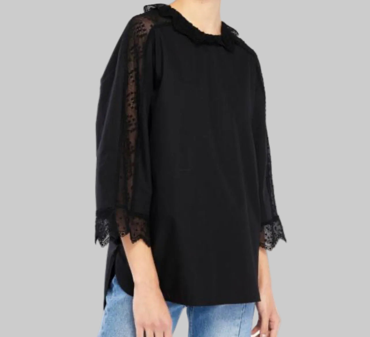 SANDRO Black Lace Trim Blouse - Size L