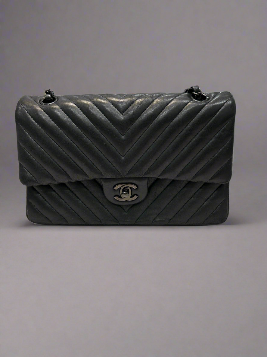 CHANEL Medium So Black Chevron Quilted Lambskin Leather Double Flap