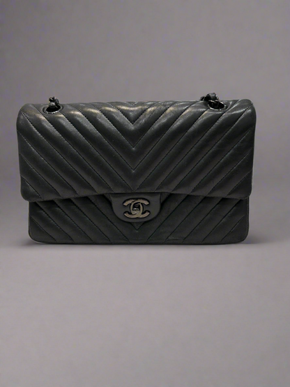 CHANEL Medium So Black Chevron Quilted Lambskin Leather Double Flap