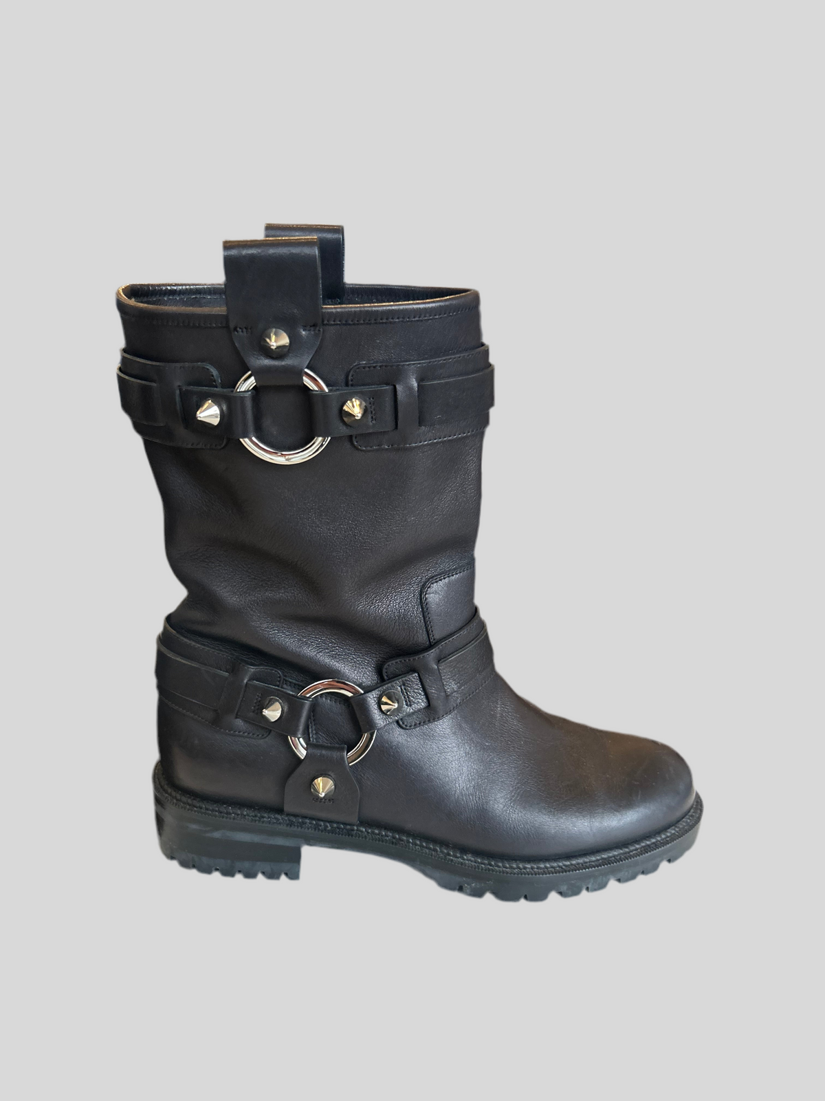 CHRISTIAN LOUBOUTIN Black Studded Moto Boots - Size 38