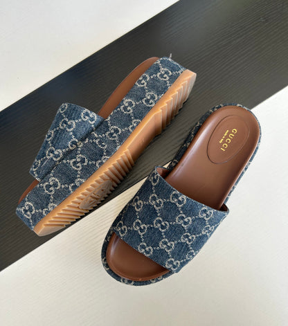 GUCCI Blue Denim Platform Slides - Size 38