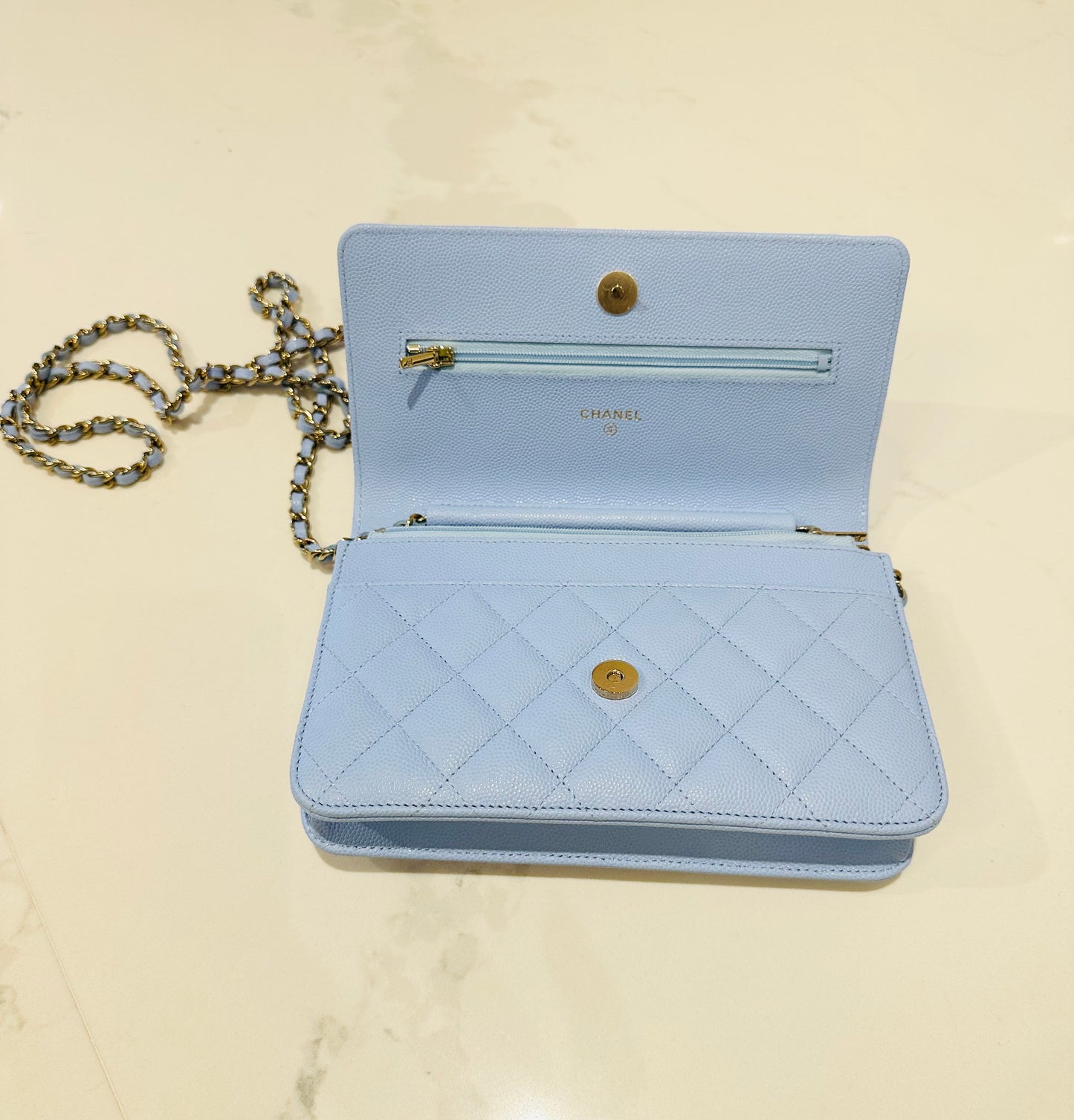 Chanel Blue Quilted Caviar Wallet On Chain