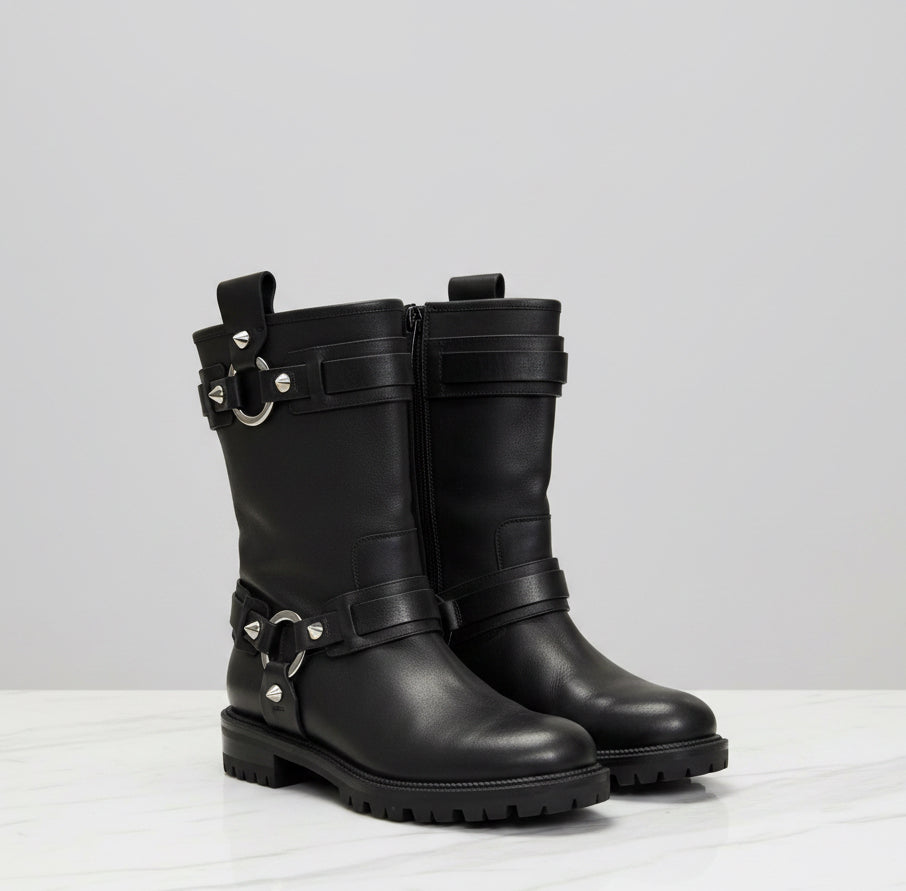 CHRISTIAN LOUBOUTIN Black Leather Moto Boots - Size 38