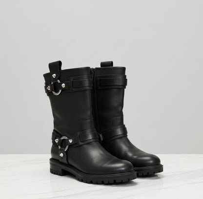 CHRISTIAN LOUBOUTIN Black Leather Moto Boots - Size 38