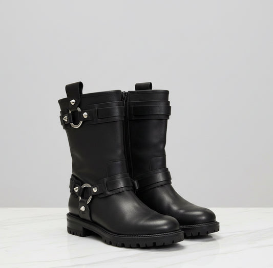 CHRISTIAN LOUBOUTIN Black Leather Moto Boots - Size 38