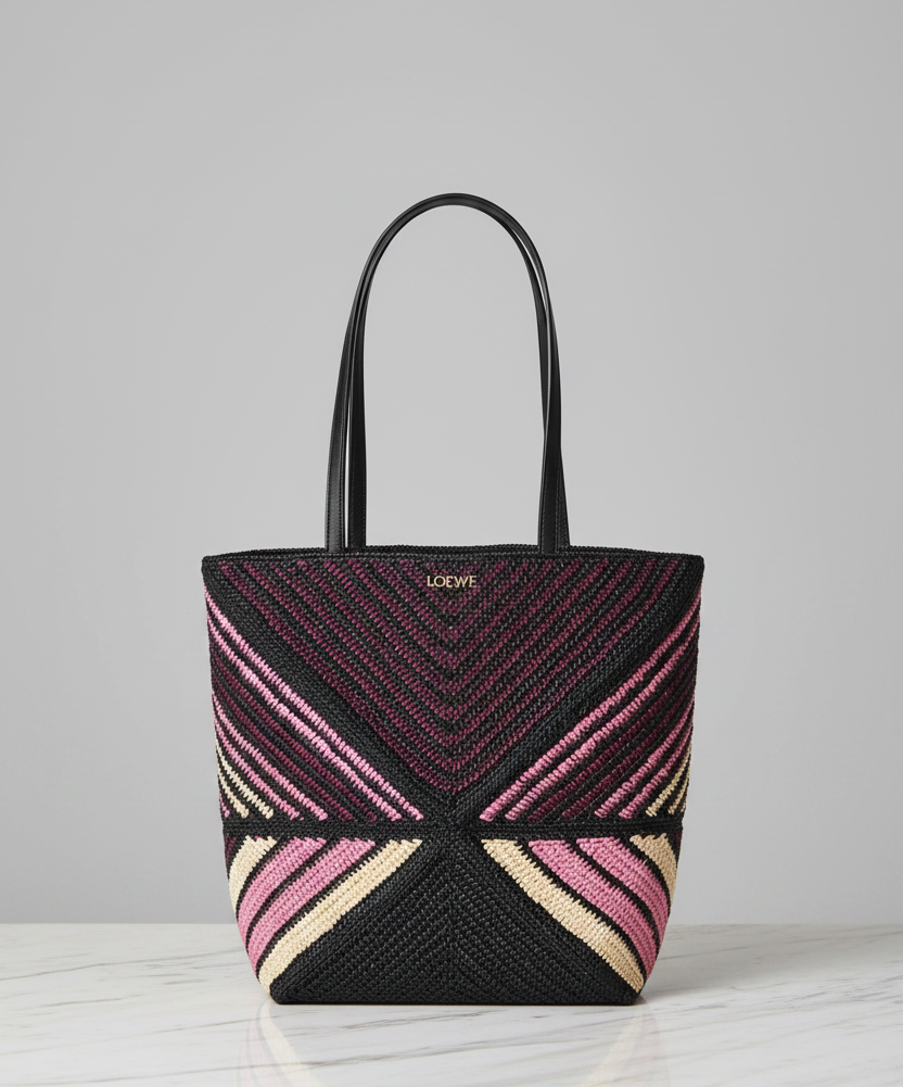 LOEWE Raffia Pink Stripe Puzzle Fold Tote