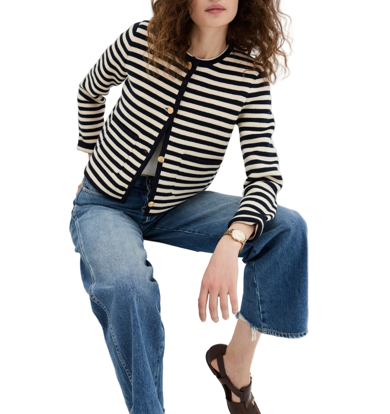 ALEX MILL Striped Gold Button Cardigan - Size S