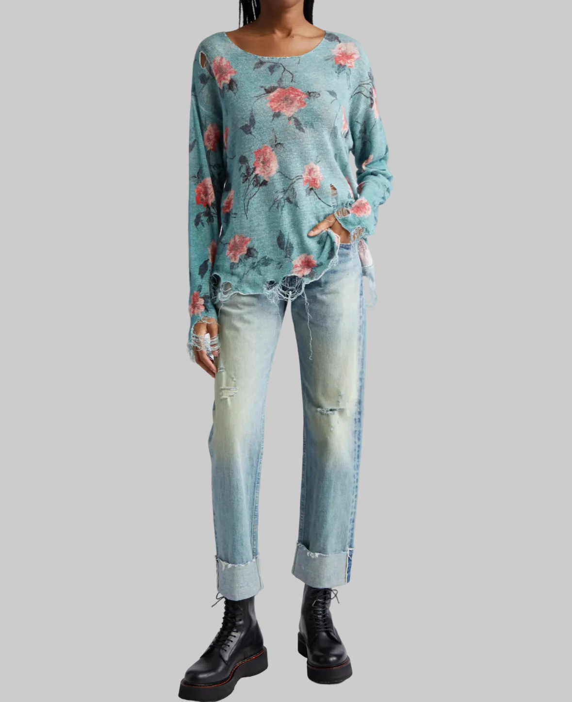 R13 Oversized Distressed Floral Boyfriend Sweater In Blue - Size L