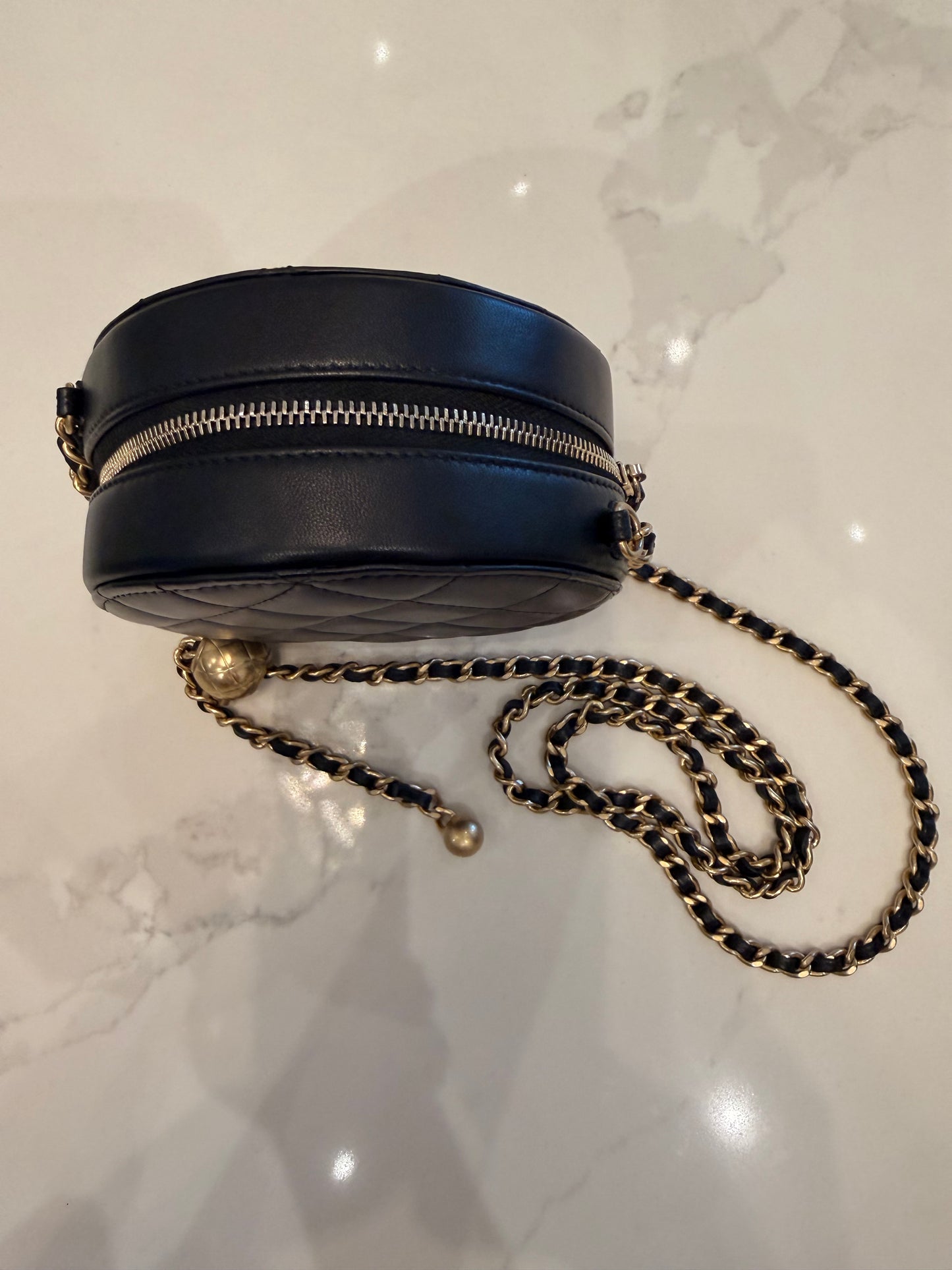 CHANEL Lambskin Quilted Round Pearl Crush Clutch w/ Chain