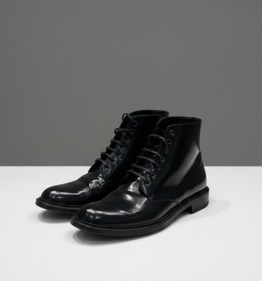 SAINT LAURENT Patent Leather Lace Up Combat Boot - Size 41