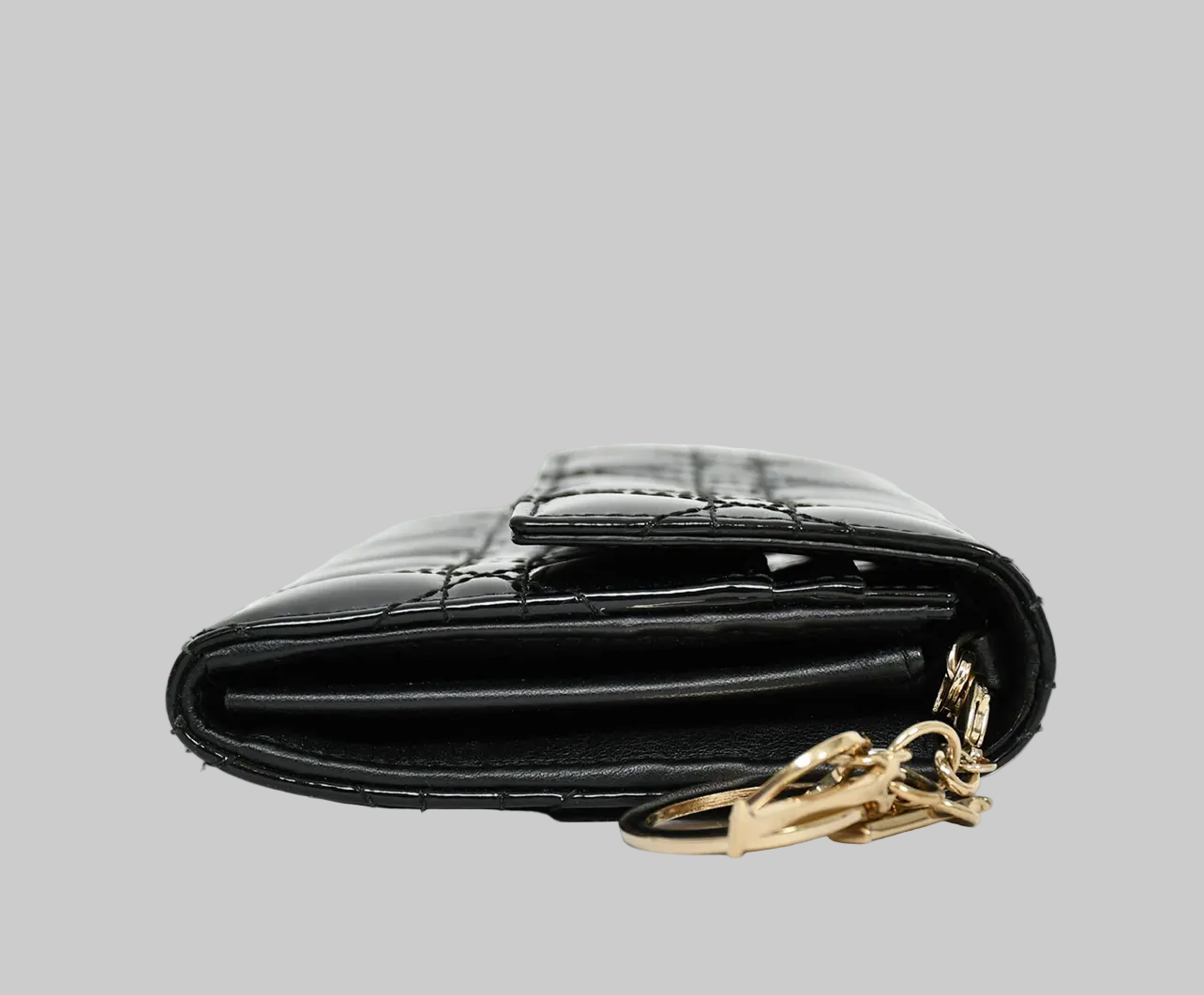CHRISTIAN DIOR Black Patent Cannage Leather Rendezvous Wallet On Chain