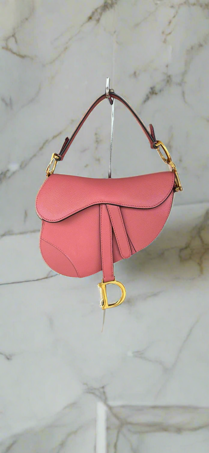 CHRISTIAN DIOR Rose Leather Mini Saddle Bag with canvas strap